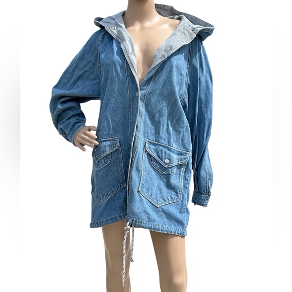 Andy Johns Longline Denim Lightwash Chore Coat Hooded Pockets Rancher Women Sz S - Picture 1 of 12